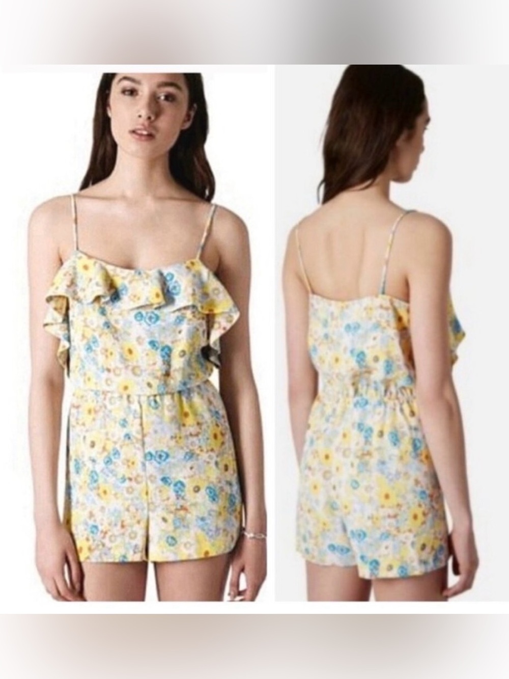 Topshop Floral Romper Pastel Boho Ruffles Straps Shorts Jumpsuit Top Neutral 4